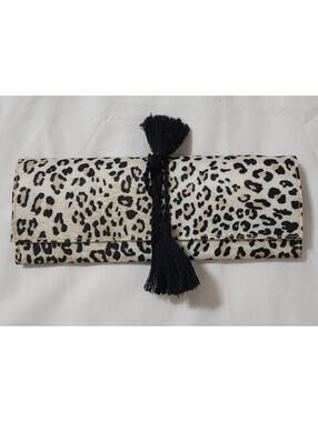 Chico's Animal Print Jewelry Roll Womens  OS Black Beige Tassels Travel Case EUC